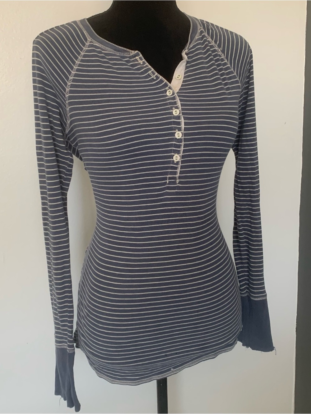 American Eagle Outfitters Navy and White Striped Henley Long-Sleeve Top